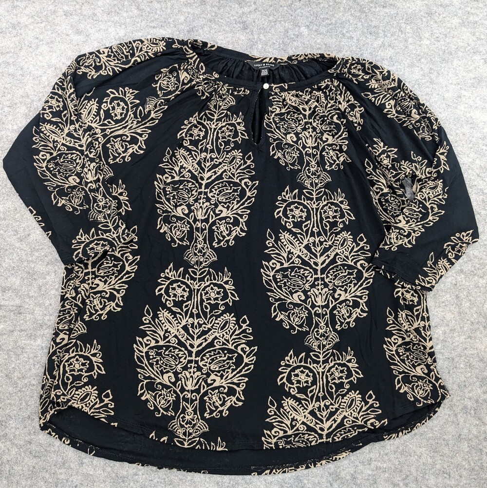 Lucky Brand Shirt Womens 1X Plus Black Floral Long Sleeve Boho Peasant Top